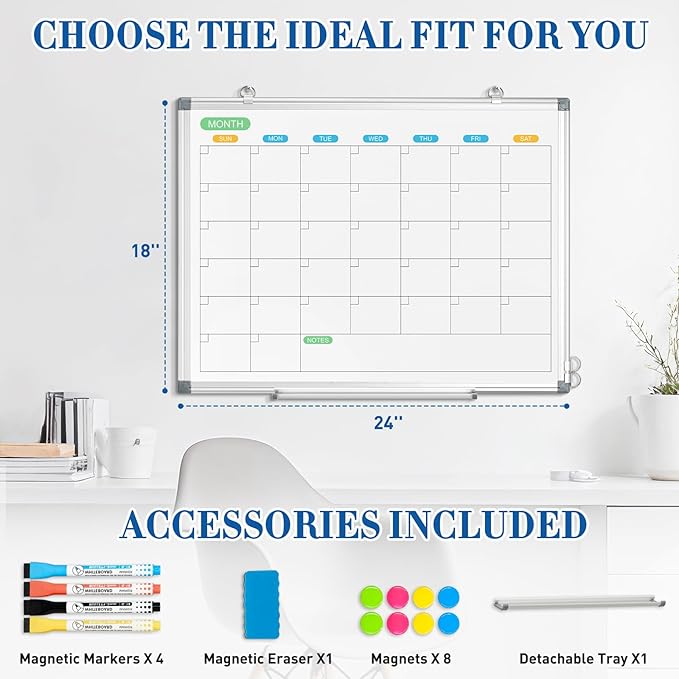 WALGLASS Dry Erase Calendar Whiteboard for Wall, 24" x 18" Double-Sided Monthly Calendar White Board with Silver Aluminum Frame, Hanging or Wall Mount Whiteboard for Home, Office, School