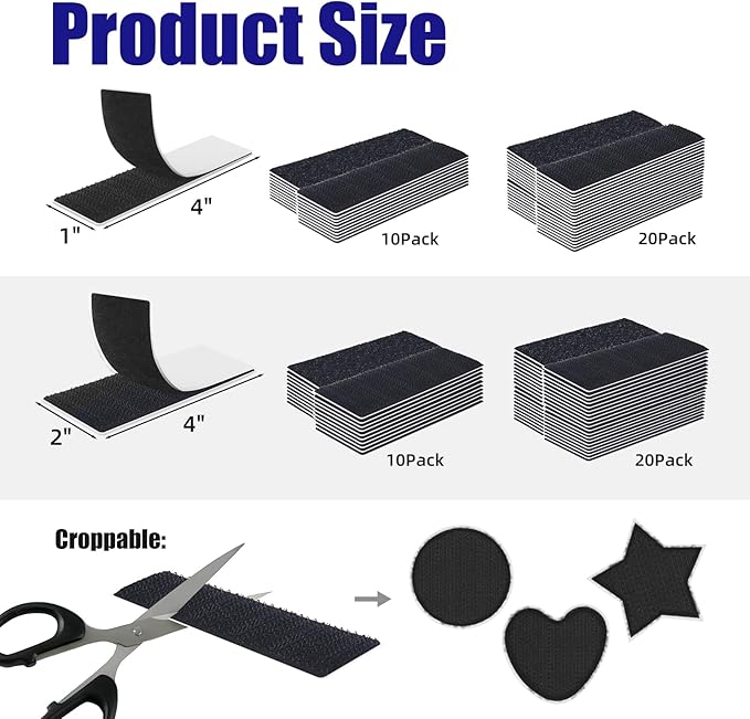 12 Ft x 1 in.Heavy Double Sided Tape with Hook and Loop, Sticky Back Adhesive Strips
