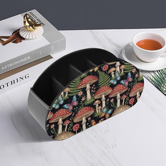 5-Compartment Remote Control Storage, PU Leather Caddy for Media Players, TV Remotes, and Desk Accessories, Mushroom Gifts