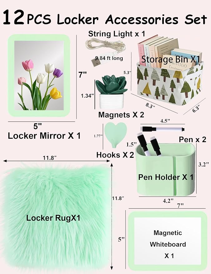 12 Pcs Green Locker Accessories Kit Locker Organizer for Girls, Magnetic Whiteboard Magnet Mirror Rug Pen Holder Basket Hook String Light, Back to School Locker Kit for School Locker Decor Office