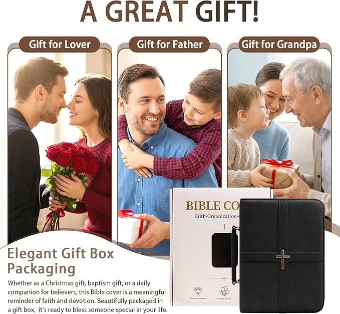 Classic Leather Bible Cover Case with Cross Design and Handle for Men Women, Durable Bible Study Supplies Organizer Carrying Bag, Perfect Christmas Gifts for Christians with Gift Box（Black