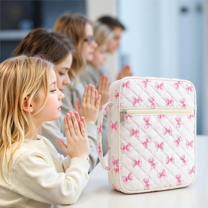 WOBAGMEN Bible Cover Case for Women,Large Bible Tote Bags Organizer Quilted Carrying Case for Girls,Bible Study Supplies Accessories Christian Gifts for Women (Pink mini Bow, M)