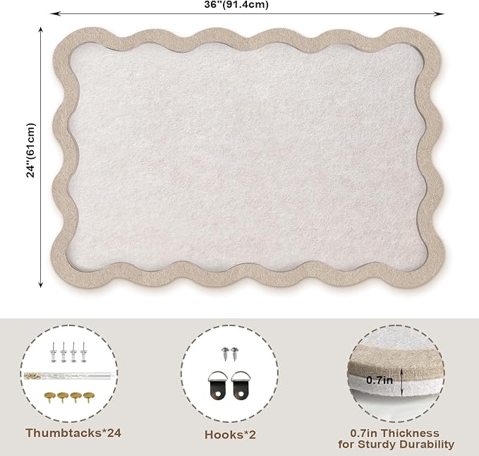 Scalloped Felt Bulletin Board, Sized 36" x 24" Felt Cork Board Alternative for Office & Wall Decor, Customizable Adhesive Tiles with Pins Hooks for Photo Display School Home Office, Oatmeal