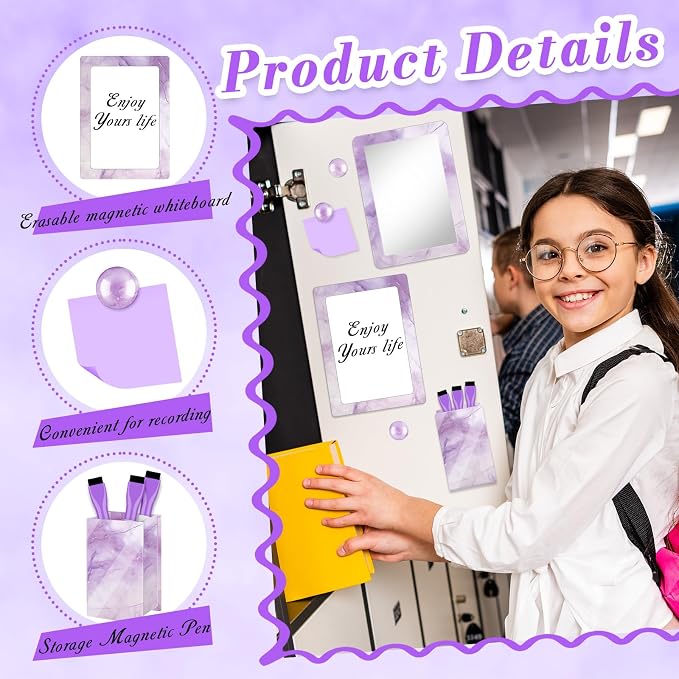 Denylo pro Magnetic Locker Marble Accessories Kit Purple Back to School Essentials Locker Organizer Supplies Include Mirror Whiteboard Pen with Holder Magnet Magnetic Buckle Back to School Essentials