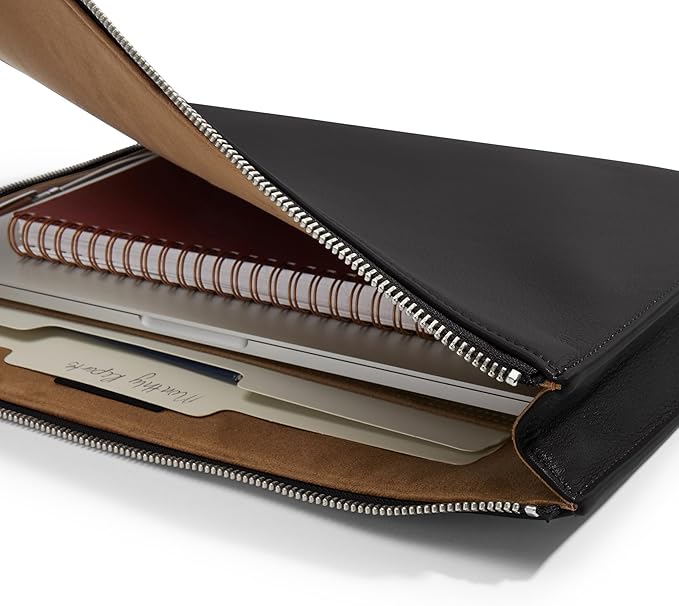 Leatherology Black Onyx Gusseted Document and Laptop Holder – Full Grain Leather Case for 13" & 15" Laptops with Expanding Pocket, Pen Slot & Microsuede Lining