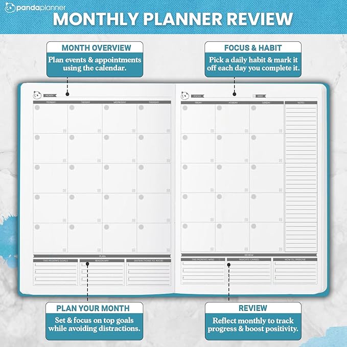 Panda Planner Mental Health Journal – 8.5” x 11" Soft Fabric Hardcover Wellness Planner with Mood Tracker & Journaling Prompts – Undated 12-Month Self-Care Organizer with 3 Bookmarks (Blue)