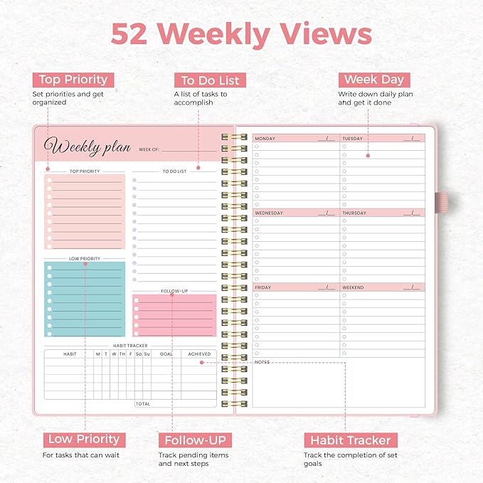 Oucaru Undated Weekly Planner, 8.5"x11", A4 Size To Do List Notebook with Goal & Habit Tracker Organizer, 52 Weekly Planner Notebook with Spiral Binding for Office Home School Supplies