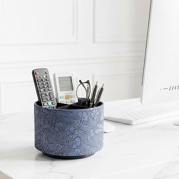 Round Leather Art Supply Organizer,Remote Control Holder,360-degree Rotating Pen Organizer with 4 Compartments(1-Butterfly Blue2)