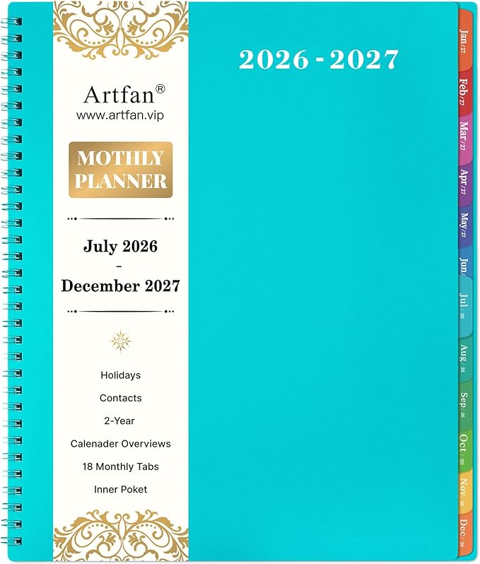 Monthly Planner 2026-2027 - JUL 2026 - DEC 2027, Academic Planner 2026-2027, Monthly planner/Calendar with Pocket, Contacts and Passwords, Twin-Wire Binding - Coloful Tabs, Waterproof Cover ( 9" x11", Blue)