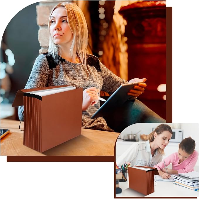 Chuangdi 1 Pc Expanding File Folder with Flap 5.3" Expansion, Expandable File Wallet with Elastic Cord Closure, Letter Size Heavy Duty Document Organizer, 8 Slots Holds 1200 Sheets Paper, Brown