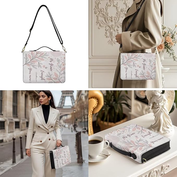 Personalized Bible Bag for Women, 2XL Bible Cover Case with Name, II Corinthians 12:9 Biblia Holder with Strap Handle Inner Pockets and Pen Loop,Church Bags for Women, White