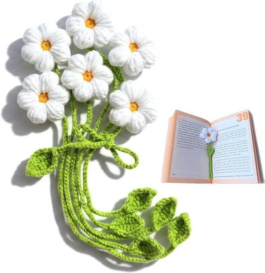 Daisy Crochet Bookmarks for Women, 6 Pack Flower Book Marks | Cute Reading Accessories, Book Lovers Gifts, Page Markers, Tote Bag Decor, Napkin Rings, Curtain Ties, Bouquet Ties