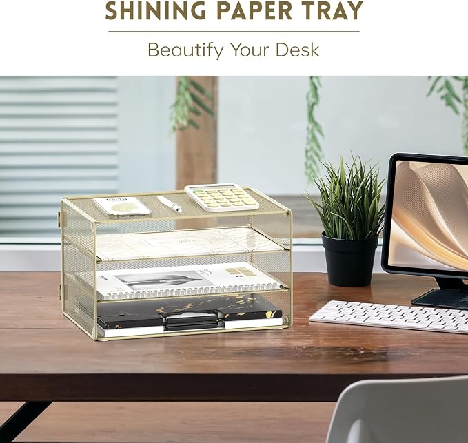 DALTACK 3 Tier Letter Tray Paper Organizer for Desk, Mesh Metal Desk File Organizer with Sliding Trays for Letter/A4 Paper, Mail, Bills & Folders, Yellow