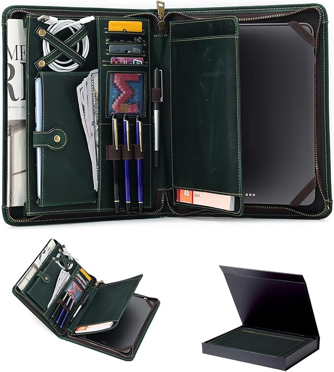 Leather Case for ipad Pro 11" Genuine Leather Smart Folio with Pencil Holder Zipper Pocket Multifunctional iPad case Compatible with iPad 11 /iPad 10.5/10.2 inch ipad/iPad 9.7 (Green)