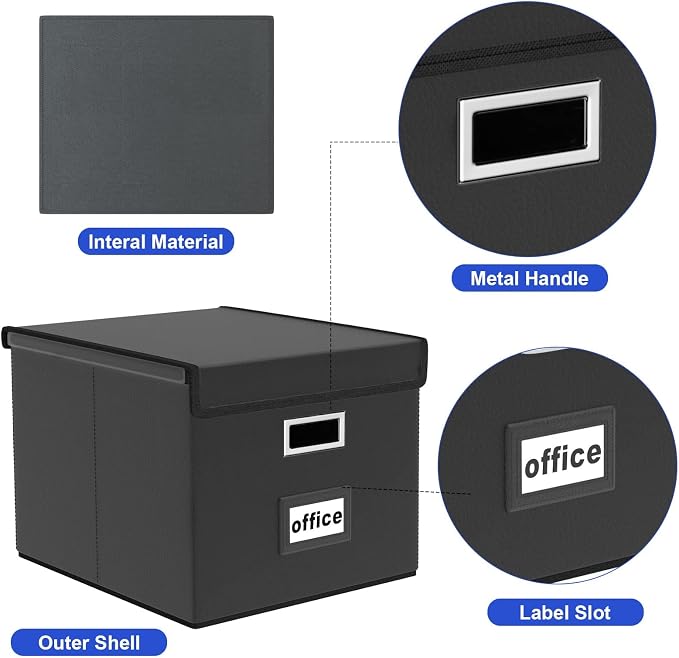 File Organizer Boxes with Lids, Collapsible Faux Leather Hanging File Folder Box Organizer with Plastic Slide, Decorative Home/Office Filing System Boxes for File and Folders Storage