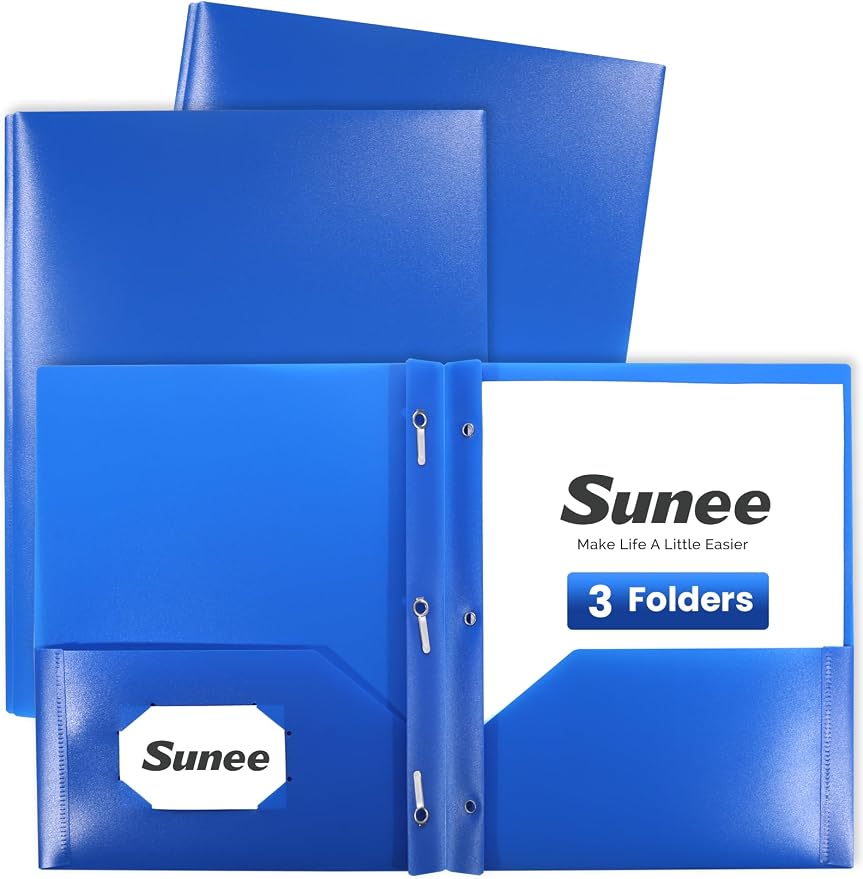 SUNEE 3 Pack Blue Plastic Folders with Pockets and Prongs, Letter Size, 9 x 11.5 in