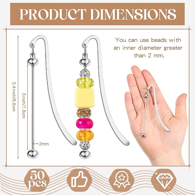 Dunzoom 50 Pcs Beadable Bookmarks DIY Metal Blank Bar Bookmark for Beads Modern Bead Craft Jewelry Pendant Charm Gift for Book Lovers Student Teacher Office Supplies(Silver)