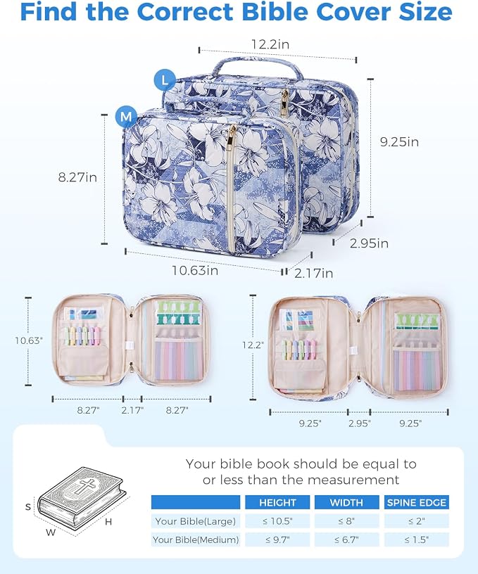 WANDF Bible Cover Case for Women, Quilted Bible Bag with Strap (M,Blue) | Large Capacity, Bible Study Supplies, Church Service, Journaling Accessories, Christian Gifts