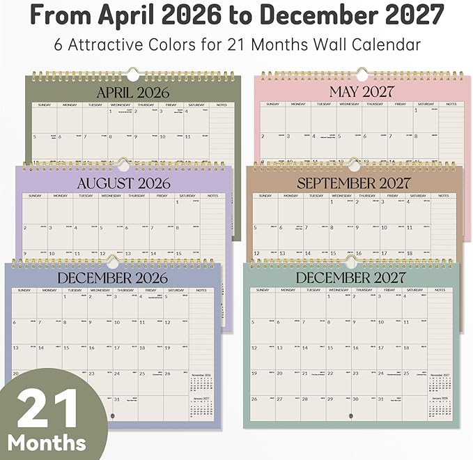 Forvencer 2026 Calendar, 21-Month Wall Calendar 2026, Apr 2026 - Dec 2027, 11" x 8.5" Monthly Planner Calendars with Note Pages & Stickers, Unruled Blocks, Spiral Binding Hanging for Home Office