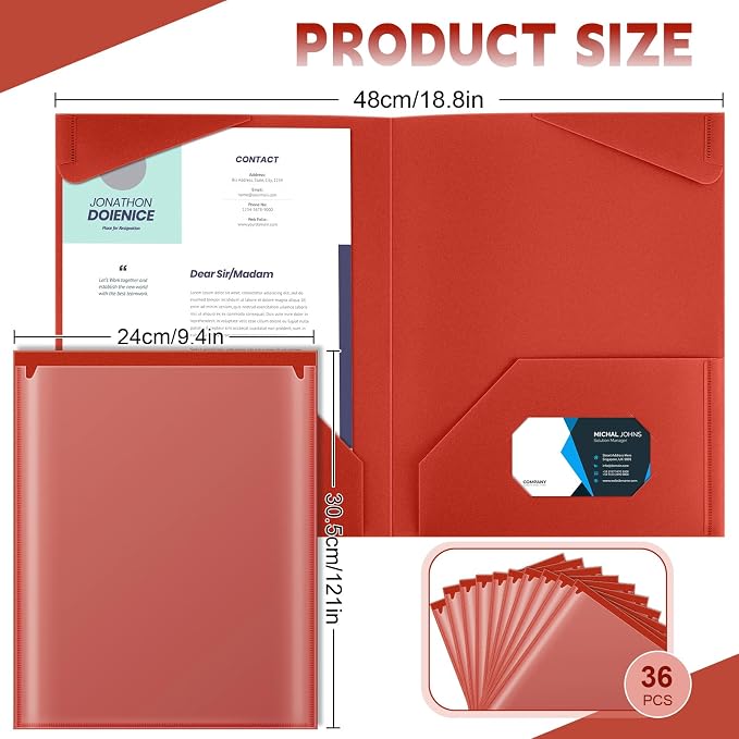 Henoyso 36 Pack Red Plastic Folders with Clear Front Pockets Heavy Duty File Folders with 2 Pockets and Card Slot for Student Communication School Office Presentation Report