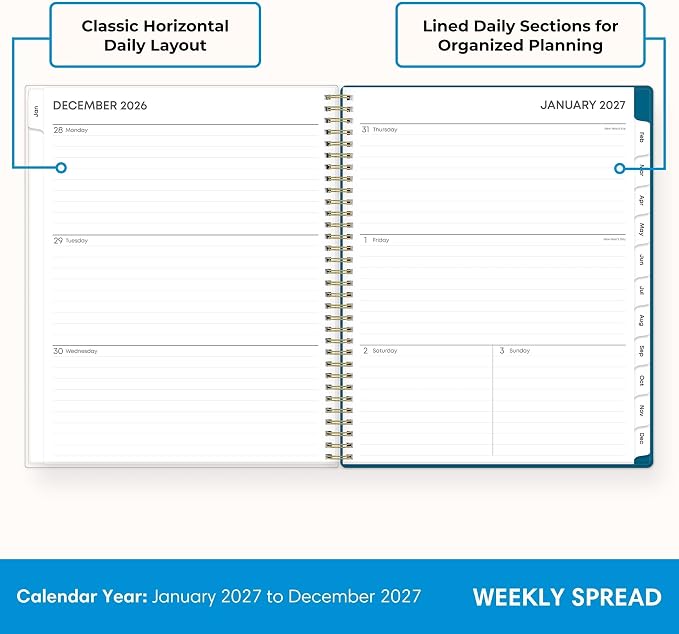 Blue Sky 2027 Weekly and Monthly Planner Calendar, January 2027 - December 2027, 8.5" x 11", Flexible Cover, Laminated Tabs, Durable Twin Wire Binding, Storage Pocket, Bakah Blue