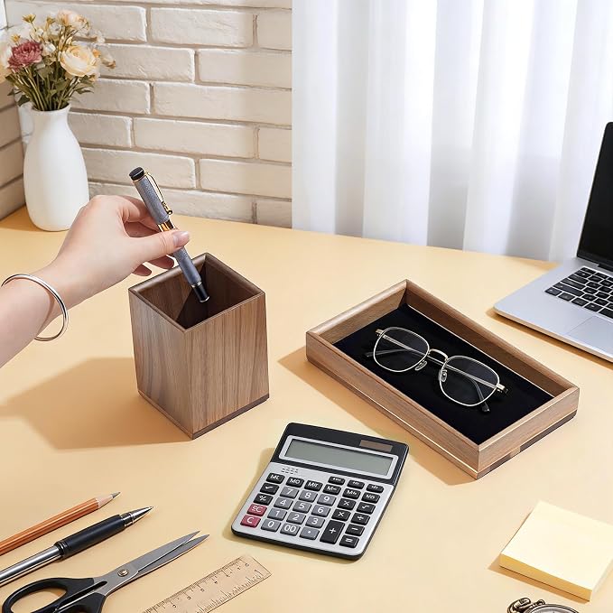 Acacia Wooden Desk Organizer Tray with Pen Holder, Non-Slip Desk Tray and Pencil Holder Set with Felt Lined, Office Desktop Accessories for Keys, Pen, Watch Home Workspace Organization