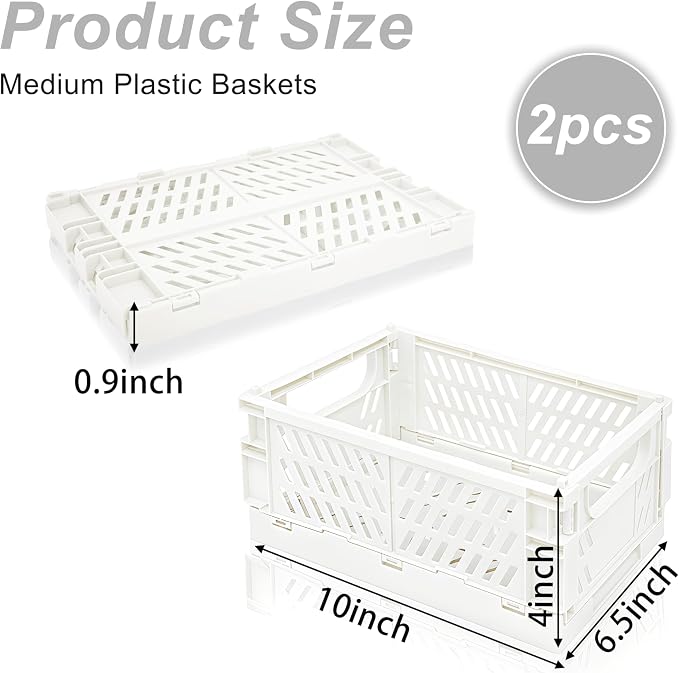 2 Pack Mini Foldable Small Plastic Baskets for Organizing and Storage，Collapsible Storage Crates,Mini Bins for Home Kitchen Bedroom Bathroom Office (White, Large 10x6.5x4)