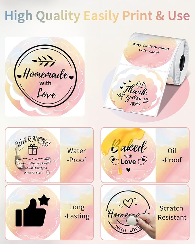 Phomemo Wavy Circle Thermal Label, Gradient Rainbow Orange Sticker Label for M110/M100/M220/M250/M108 Label Makers, 1.96" x 1.96" (50x50 mm), for Barcode/Address/Mailing/Logo/Business/Home