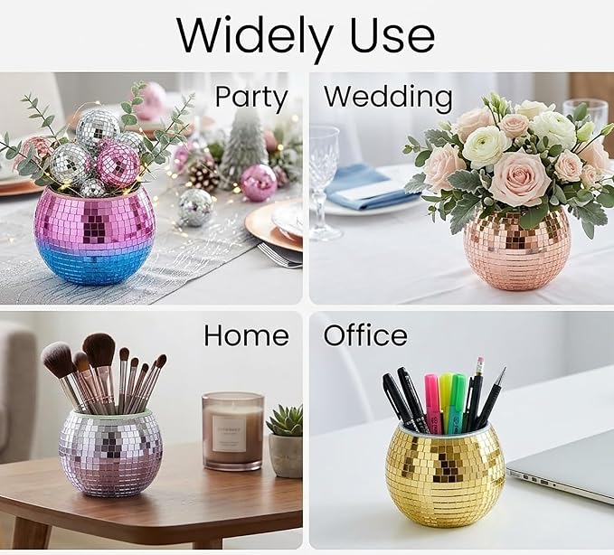 Disco Ball Pencil Holder for Desk - Cute Office Decor & Makeup Brush Organizer, 4.7 Inch Sparkly Glass Pen Cup, Fun Desk Accessories for Women (ROSE GOLD)