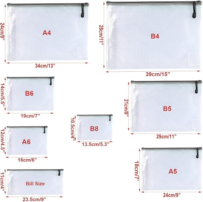 Oaimyy-Mesh Zipper Pouch Bags, 8 Sizes 8 Color Plastic Clear File Pouches for Organization, Zipper Pouches for Office Home Supplies Board Game Storage (Multicolor-24 pcs)
