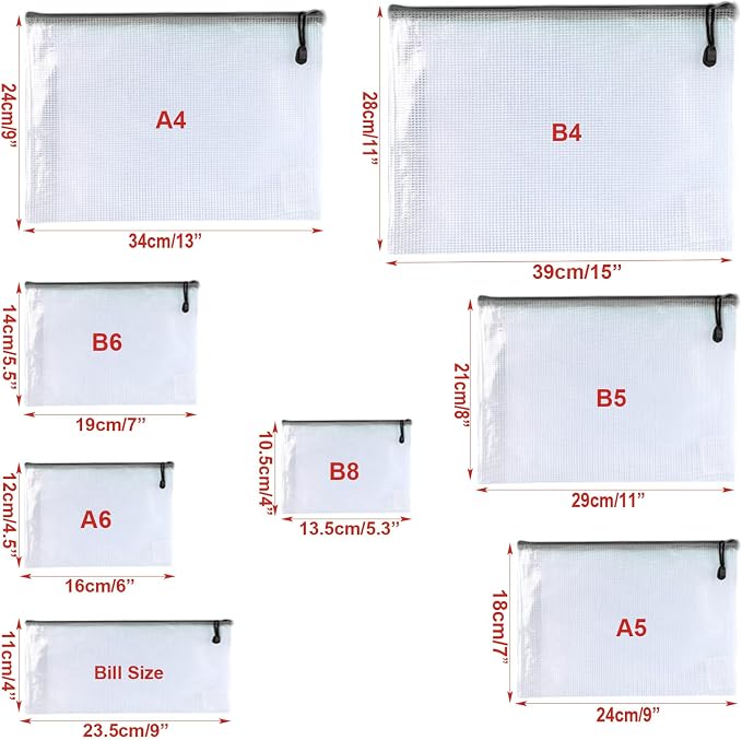 Oaimyy-Mesh Zipper Pouch Bags, 8 Sizes 8 Color Plastic Clear File Pouches for Organization, Zipper Pouches for Office Home Supplies Board Game Storage (Multicolor-24 pcs)
