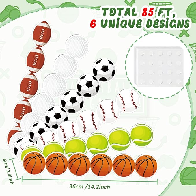 Qyeahkj 85ft Sports Bulletin Board Borders - Football, Baseball, Basketball Cutouts Paper Bulk Balls Trim for School Classroom Office Decor