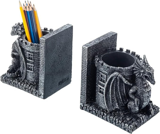 Bookends Dragon, Gothic Black Resin Dragon Guarding Castle Pencil Cup Bookends, Office Desk Book Ends with Decorative Fantasy Dragons and Stone Tower Pen Holders, 1 Pair