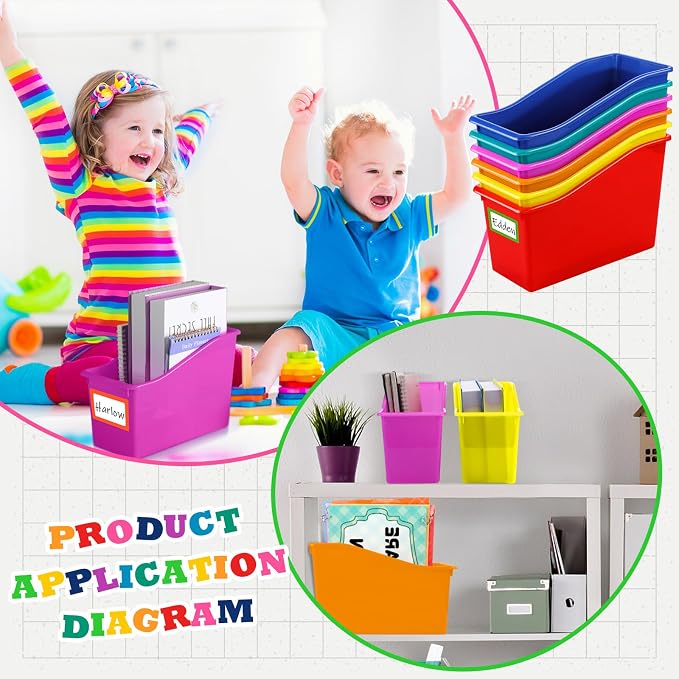 Jinei 24 Pack Multi Bright Color Book Bins for Classroom Bulk Binder Holders with Name Labels Plastic Organization Book Baskets Teacher Storage Boxes for Classroom Home Office