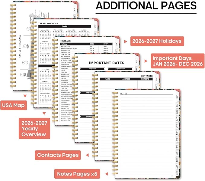2026 Planner, Weekly and Monthly Calendar Planner Book, January 2026 - December 2026, Hardcover Spiral Planner with Monthly Tabs, Notes Pages, Perfect for Women & Men, A5 (6.4" x 8.5") - Flower