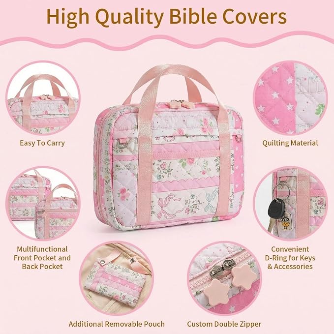 Quilted Bible Cover for Women, Zippered Bible Case with Handle, Bible Organizer Bag w/Multiple Pockets & Pen Slots Lightweight Bible Tote Bag for Church Study, Gifts for Women (Spliced Flower, Pink)