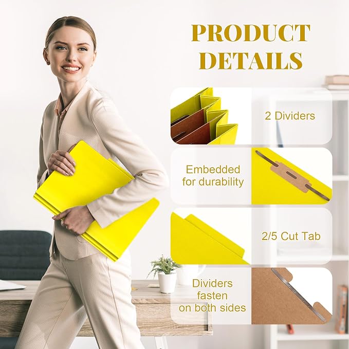 Skyygemm 48 Pcs Classification Folders Letter Size, 2 Divider Pressboard File Folders with 3. 5 Inch Expansion, 2 Prongs Fastener, Heavy Duty Office File Organizers for Teachers, Medical (Yellow)