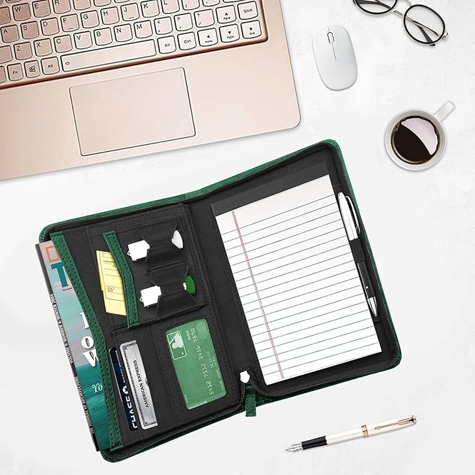 Junior Padfolio/Resume Portfolio Binder with Refillable Lined Notepad, A5 Padfolio Folder, Business Portfolio, Multi-Function Case, A5 Writing Pad Included, Dark Green