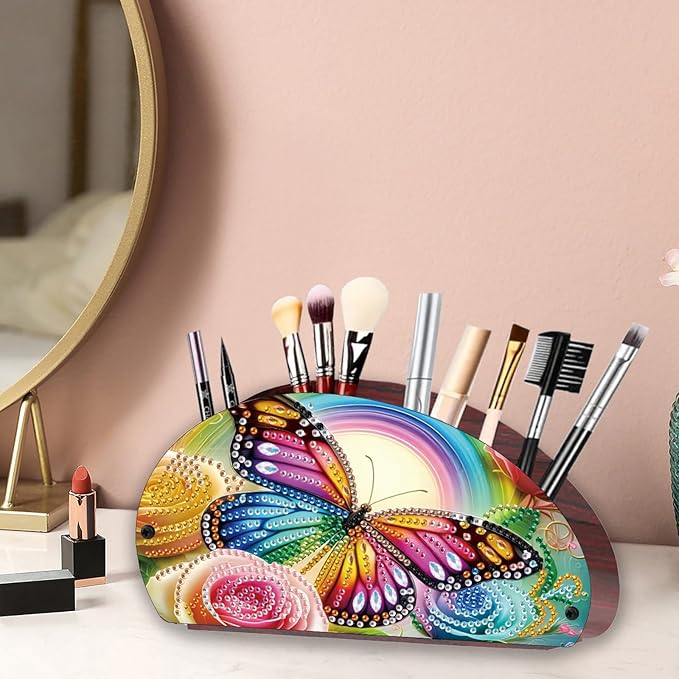 Remote Control Holder with 4 Compartments, DIY Diamond Art Painting Wooden Half Moon TV Control Holder for Remote Controllers, Office Supplies, Makeup Brush, Media Accessories-Butterfly-1