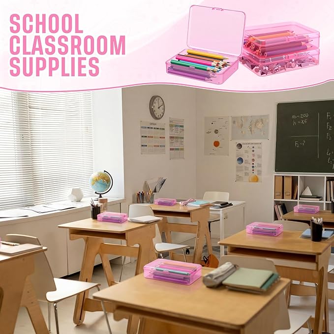 Dunzoom 25 Pcs Plastic Crayon Boxes with Lids, 4.53 x 3.35 x 1.1 Inches Stackable Small Storage Organizer Containers Crayon Pencil Case for Art Crafts Jewelry Beads Office Supplies(Pink)