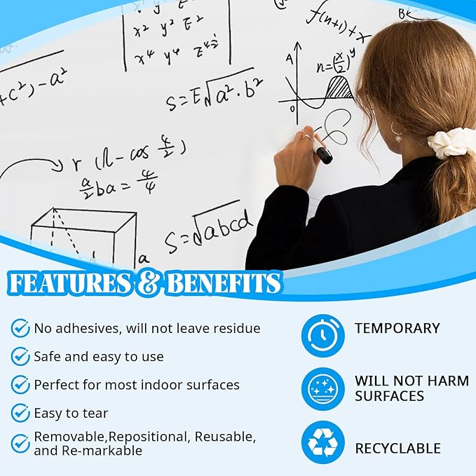 24in x 100ft Static Cling White Board Dry Erase Wallpaper Sticker, Removable Reusable Whiteboard Paper for Wall, No Adhesive No Residue, Stain-Proof White Board Dry Erase Roll for Office, Classroom