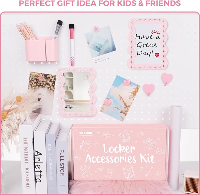 SKYDUE Locker Accessories Kit for Girls - Includes Rug, Wallpaper, Magnetic Mirror, Whiteboard, Pen Holder, Magnets, Stickers and Hooks, Pink Locker Decor & Organizer Set, Set 14 Piece