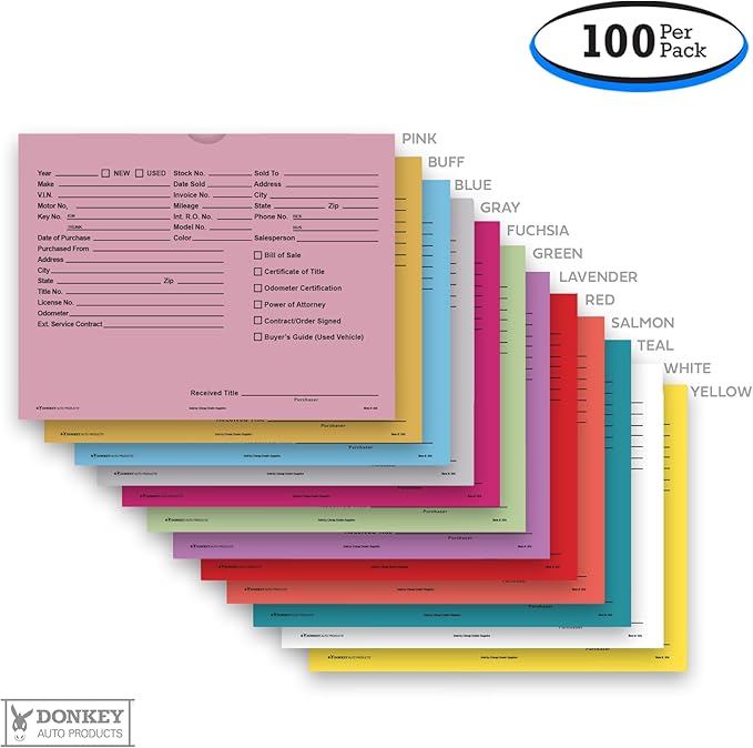 Printed Vehicle Deal Envelopes 9x12 Deal Jackets (100 shrink wrapped) (Pink)