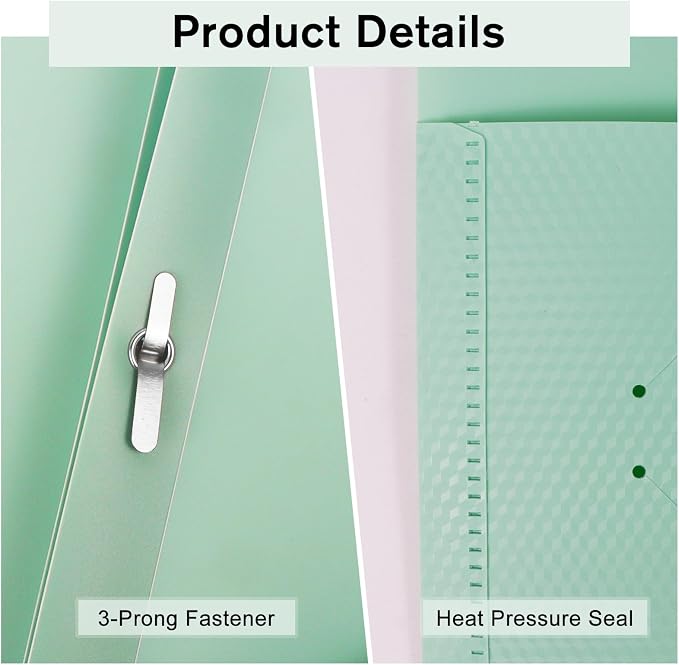 60-Pack Plastic andPockets and Prongs,2-Pocket and3 Fasteners, Pastel Folders Holds 8-1/2" x 11" Paper for School/Office/Home, Green