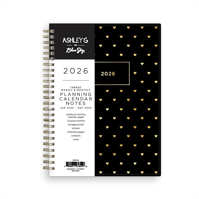 Blue Sky Ashley G 2026 Weekly and Monthly Planner Calendar, January 2026 - December 2026, 5.875" x 8.625", Flexible Cover, Durable Twin Wire Binding, Pocket & Extra Notes Pages, Sweetheart Black