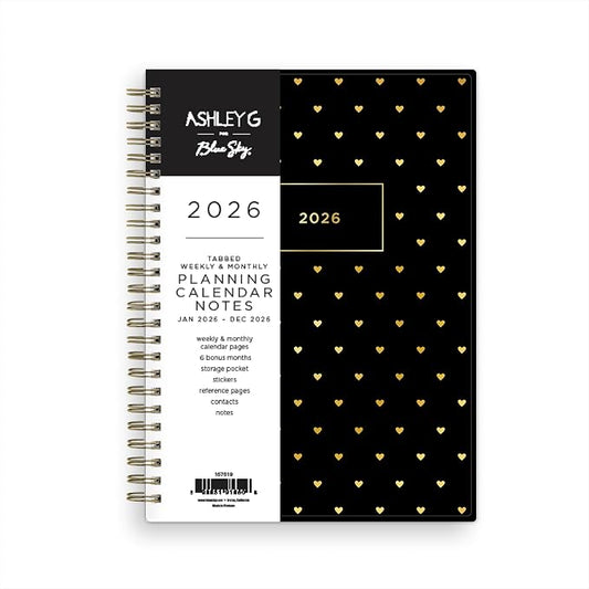 Blue Sky Ashley G 2026 Weekly and Monthly Planner Calendar, January 2026 - December 2026, 5.875" x 8.625", Flexible Cover, Durable Twin Wire Binding, Pocket & Extra Notes Pages, Sweetheart Black