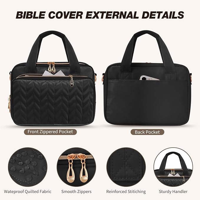 KOPKOFT Bible Cover Case for Women, All-in-One Bible Study Supplies Journaling Kit with Highlighters Tabs, Quilted Book Carrying Cases, Christmas Christian Gifts for Women (Black)
