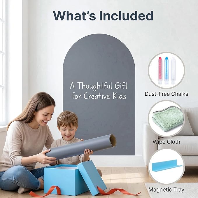Magnetic Arch Wall Decal: Large 39.4"x23.6" Strong Adhesive Screen Free Chalkboard for Wall - Modern Playroom Decor & Homeschool Learning Station for Toddlers 1-4 & Kids 5-10 (Quiet Gray)