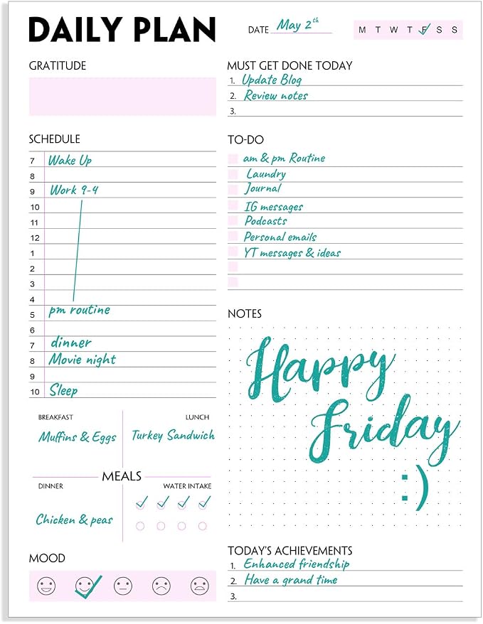 Daily Planner Notepad - Tear-Off Daily Planning Pad, Organizer with To Do Lists, Schedule, Appointment, Productivity Tracker, 50 Undated Sheets, 8.5 x 11 in
