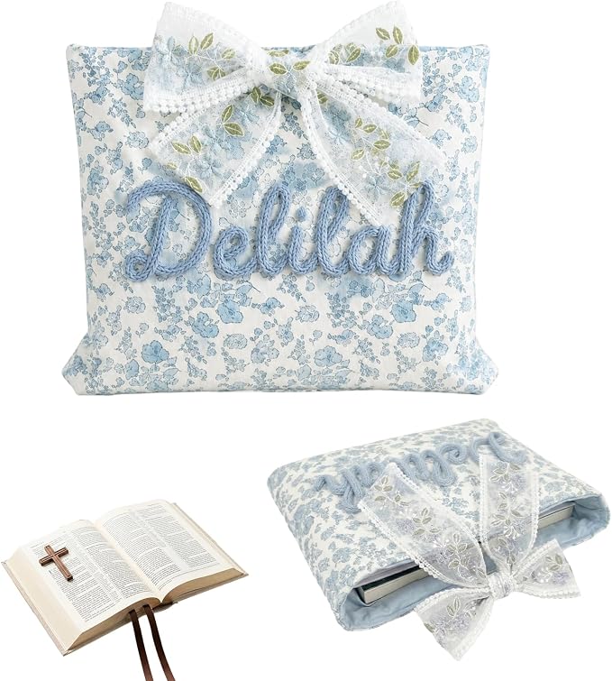 Personalized Quilted Bow Bible Sleeve Book Cover Case for Women - Custom 3D Embroidery Name Bible Carrying Case, Customized Bible Accessories Gift for Christians Women Girls Book Lovers (Style 01)